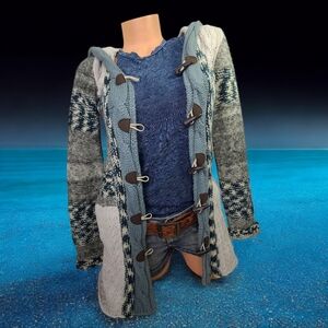 FREE PEOPLE Cable Knit Wool Blend Hoodie Cardigan Duster Toggle Gray Blue Sz XS